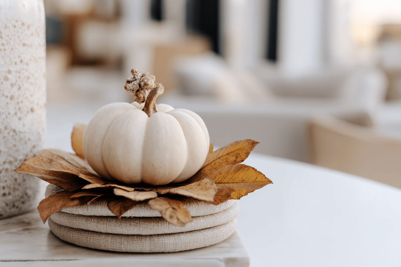 Weißer Kürbis auf Herbstlaub und Stoffdekor