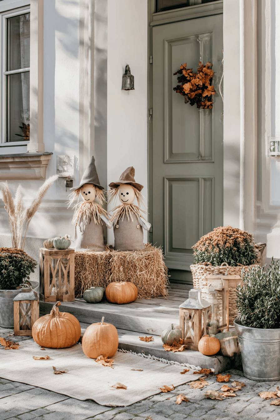 Herbstliche Dekoration mit Strohmännchen und Kürbissen vor einer Haustür.