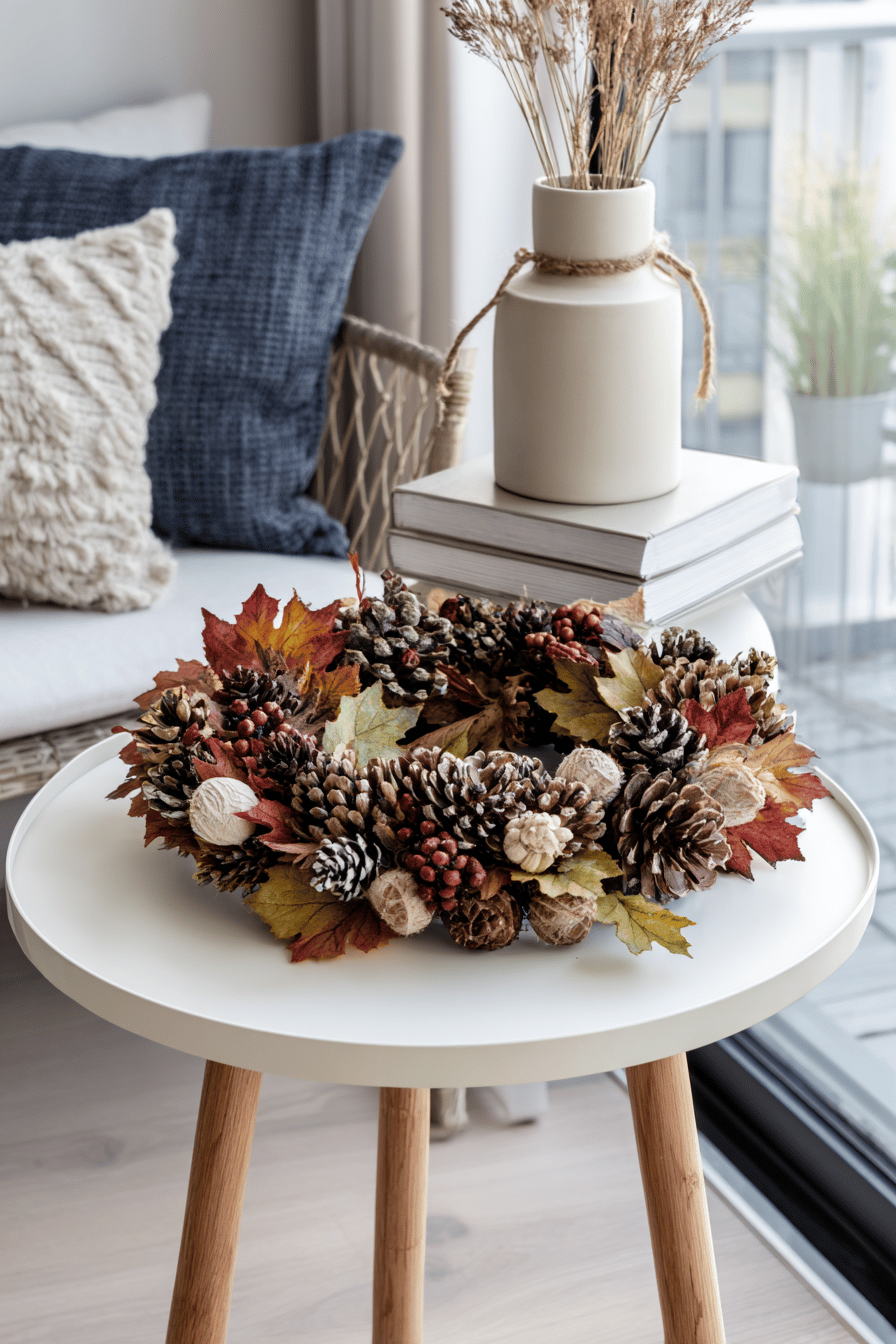 Herbstlicher Kranz aus Tannenzapfen und bunten Blättern auf einem weißen Tisch arrangiert.