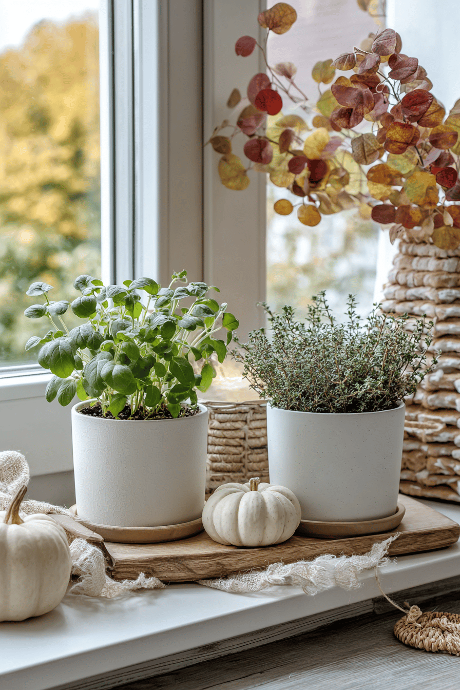 Zwei Töpfe mit Herbstkräutern auf einem Fensterbrett, umgeben von Kürbissen und dekorativen Blättern.