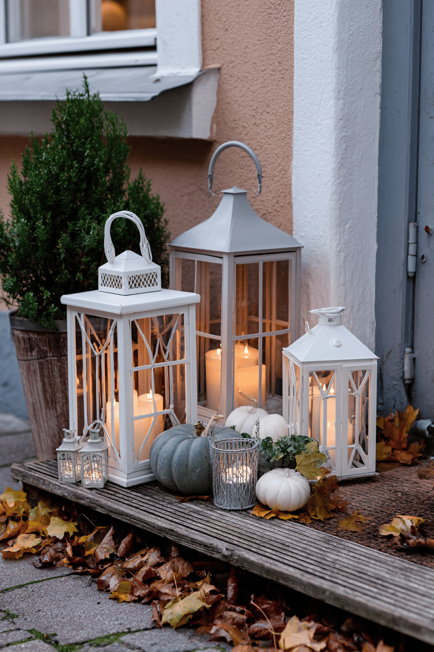 Verschiedene weiße Laternen und Windlichter mit Kerzen, umgeben von Kürbissen und Herbstlaub vor einem Hauseingang.