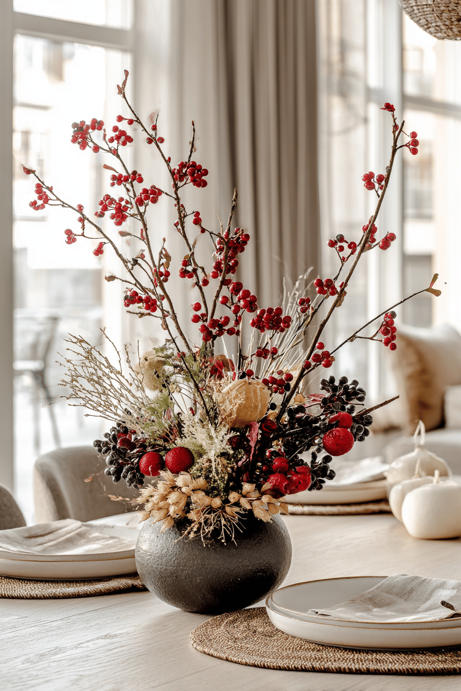 Ein herbstlicher Strauß mit roten Beeren und Zweigen in einer Vase auf einem gedeckten Tisch.