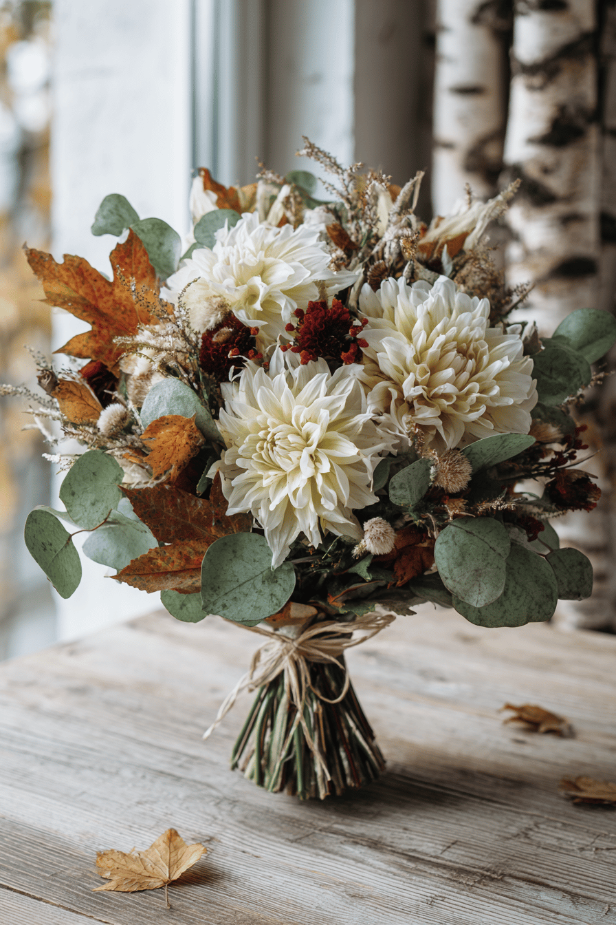 Ein herbstlicher Blumenstrauß mit Chrysanthemen, Dahlien und Eukalyptusblättern auf einem Holztisch.