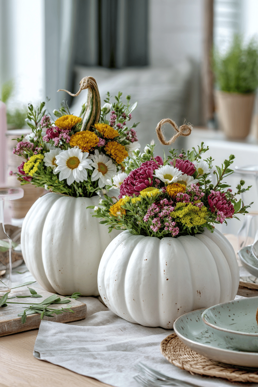 Zwei weiße Kürbisse, die als Vasen für bunte Herbstblumen dienen.