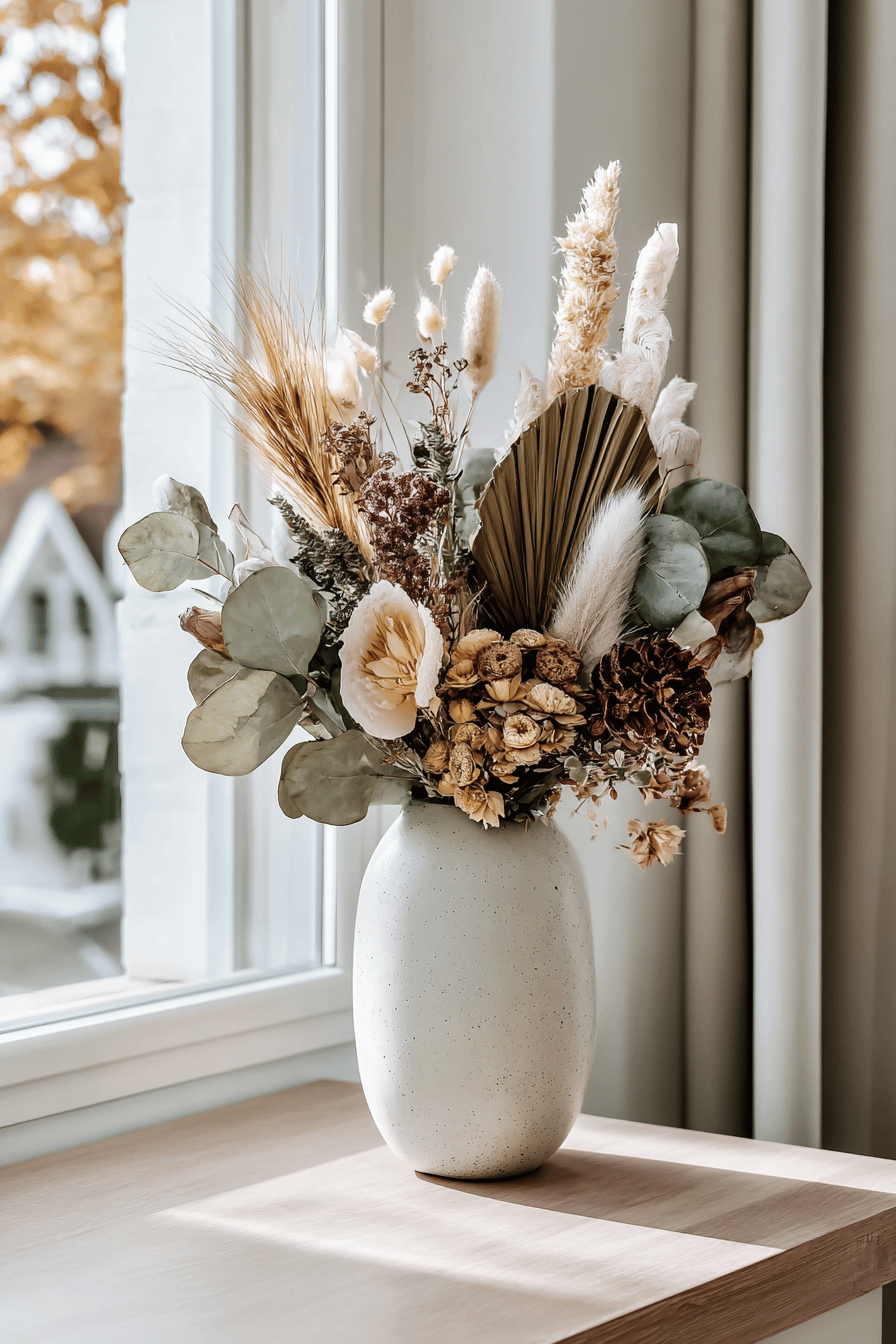 Ein dekorativer Strauß aus Trockenblumen, darunter Eukalyptus, Pampasgras und getrocknete Rosen, in einer schlichten Vase auf einem Tisch am Fenster.