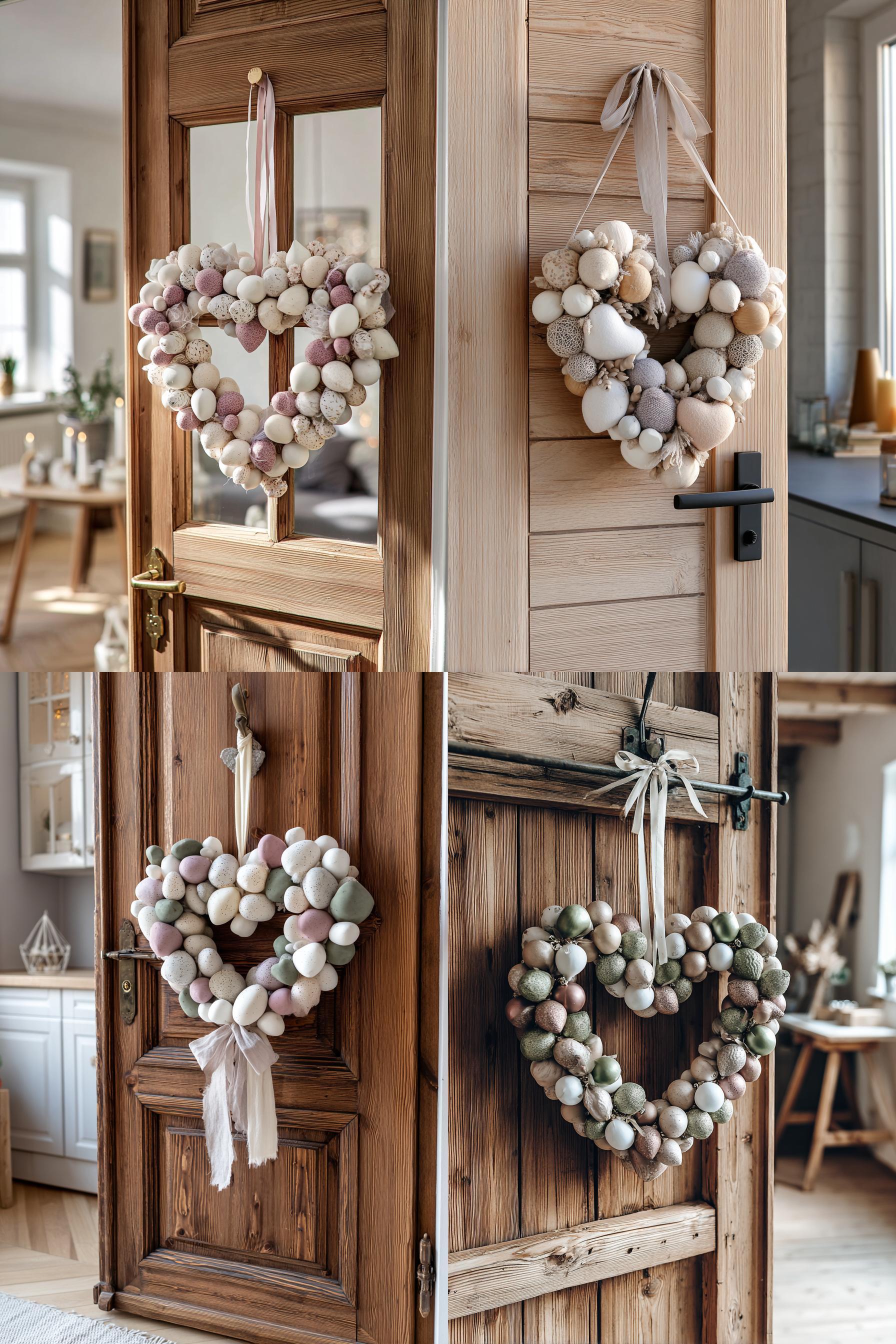Ein herzförmiger Türkranz in romantischen Pastelltönen hängt an einer Holztür.