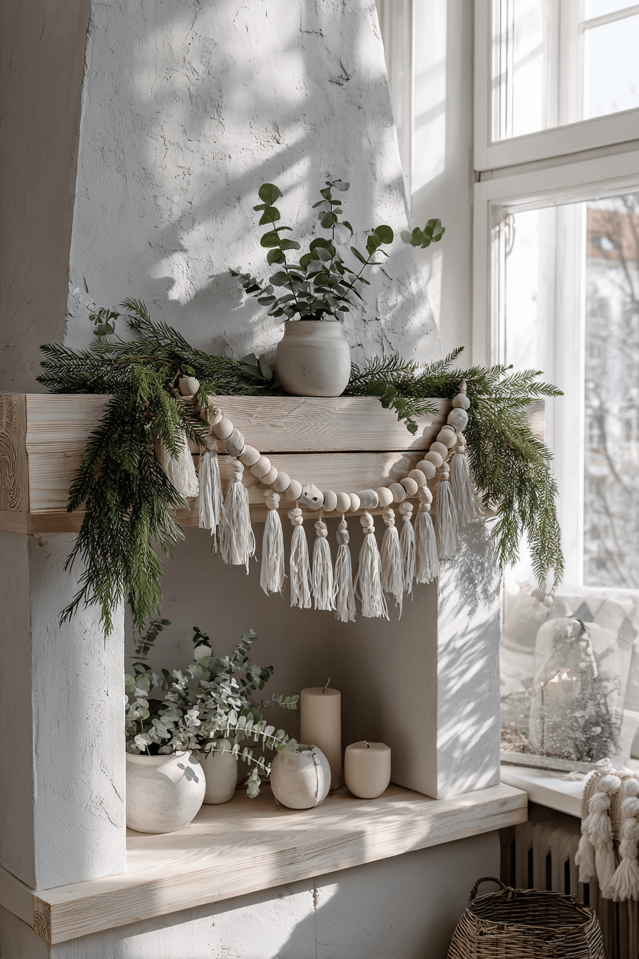 Weihnachtlich dekorierter Kaminsims mit Holzperlen-Girlande, Tannengrün und Kerzen