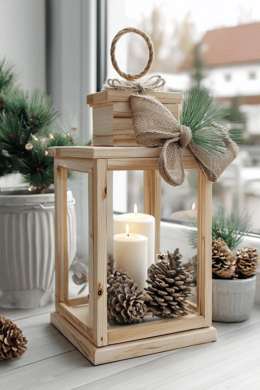 Natürliche Holzlaterne mit Juteschleife, Tannenzapfen und Kerzen auf einem Tisch.