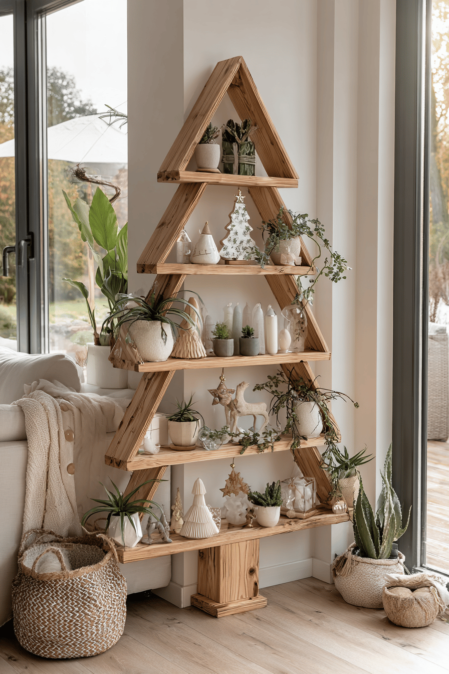 Holzregal in Form eines Tannenbaums mit weihnachtlicher Dekoration.