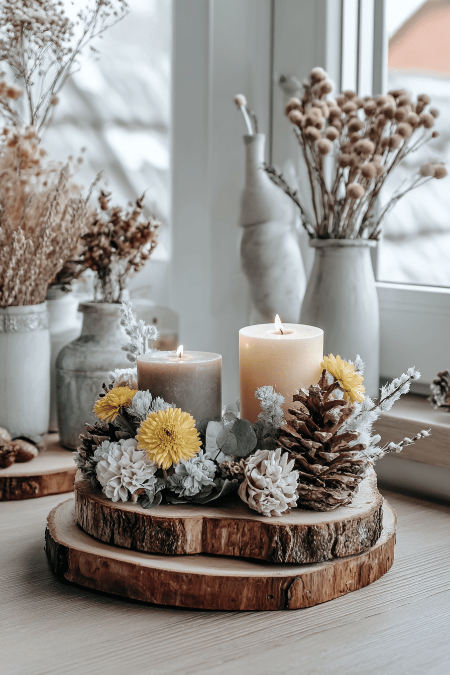 Zwei Kerzen auf Holzscheiben, dekoriert mit getrockneten Blumen und Zapfen, vor einem Fenster.