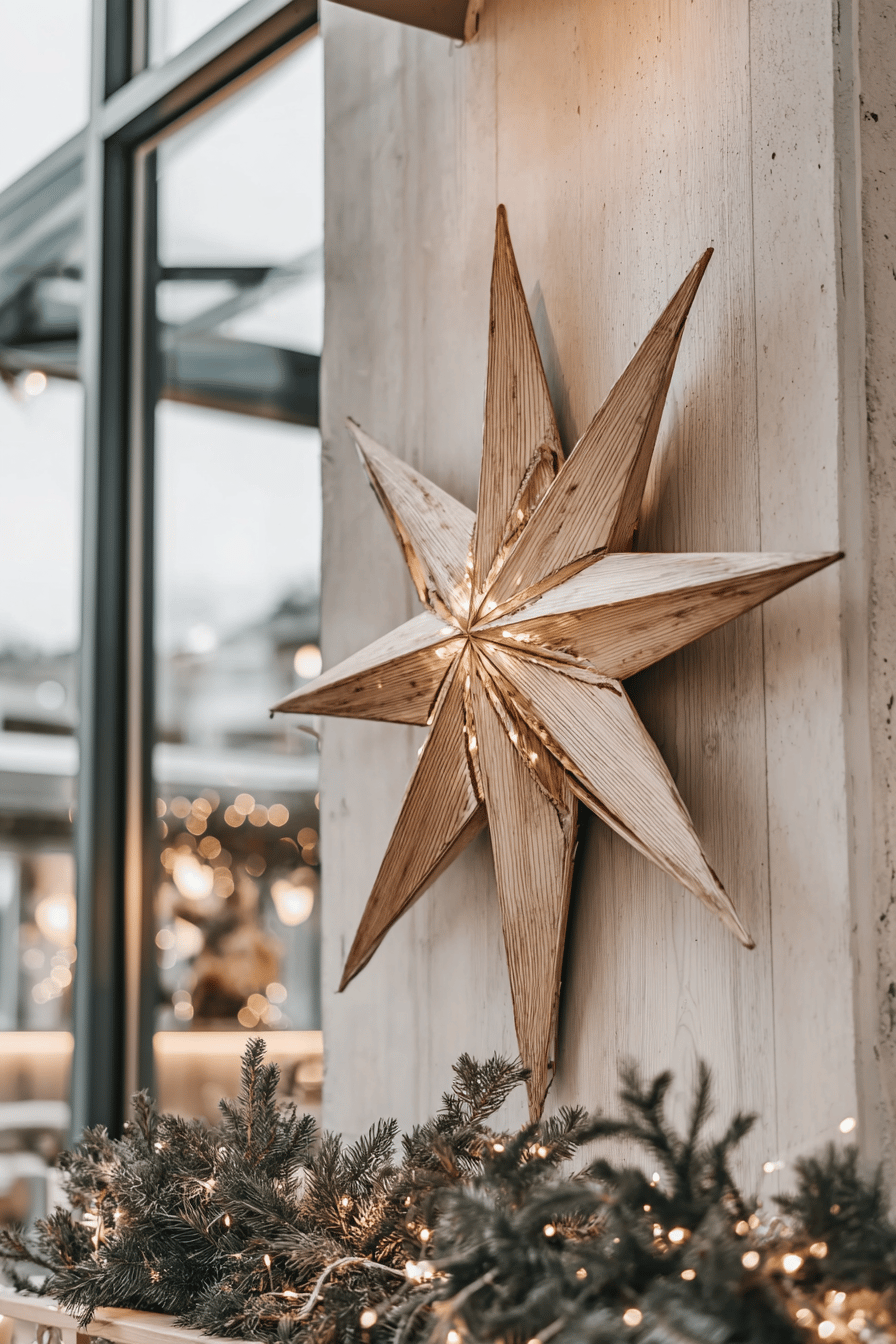 Ein beleuchteter Holzstern an einer Wand, umgeben von Weihnachtslichtern.