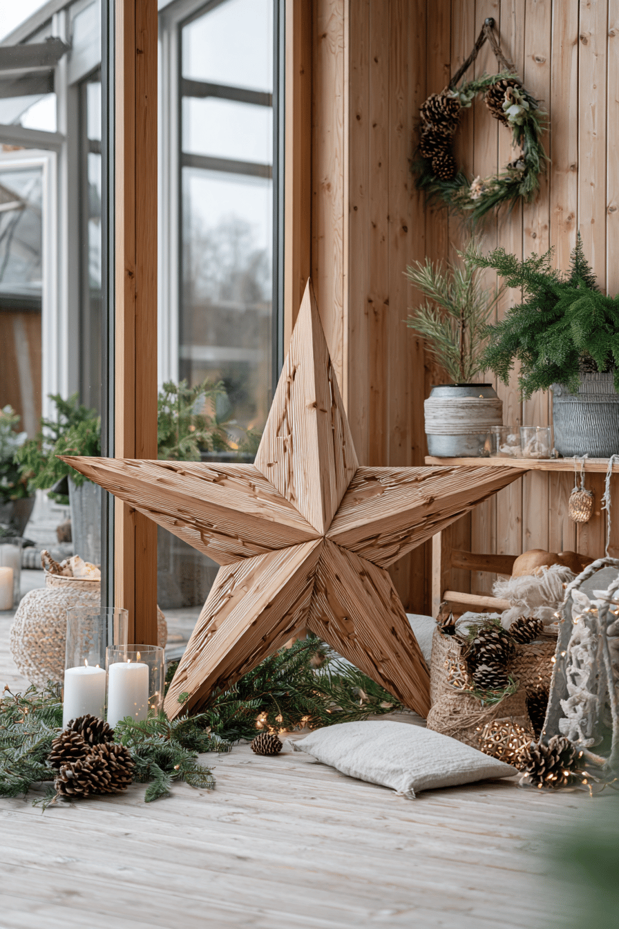 Ein großer Holzstern steht dekorativ in einem weihnachtlich geschmückten Raum mit Kerzen und Tannenzweigen.