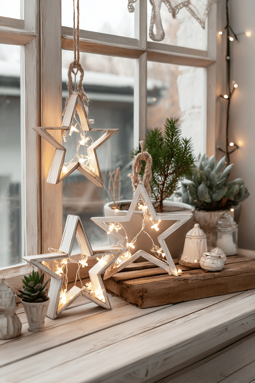 Holzsterne mit LED-Beleuchtung auf einer Fensterbank, umgeben von kleinen Pflanzen und Weihnachtsdeko.