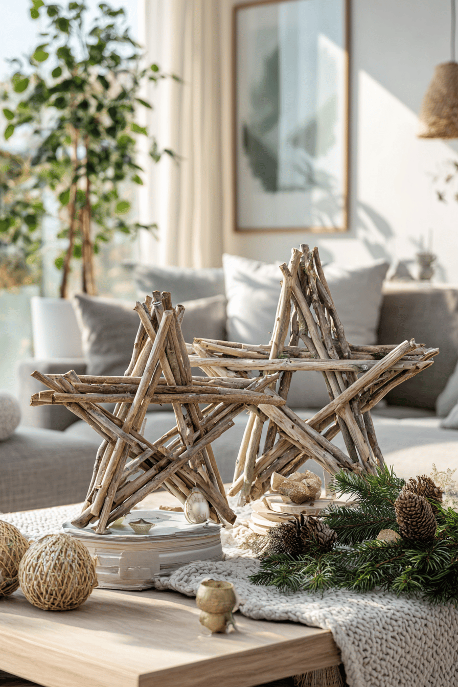 Rustikale Holzsterne aus Ästen auf einem Tisch, umgeben von weihnachtlichen Dekoelementen.