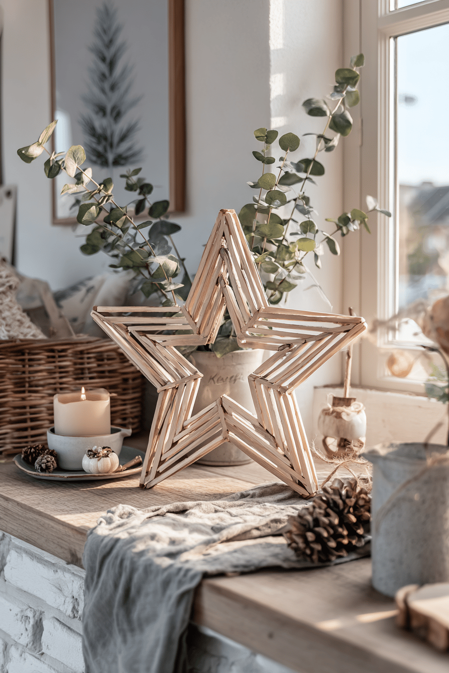 Ein aus Holzlatten gefertigter Stern auf einem Fensterbrett, umgeben von Kerzen und Naturdekorationen.