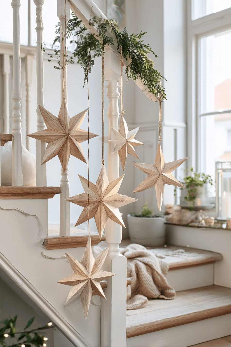 Geometrische Holzsterne hängen an einem Treppengeländer, umgeben von grüner Girlande.
