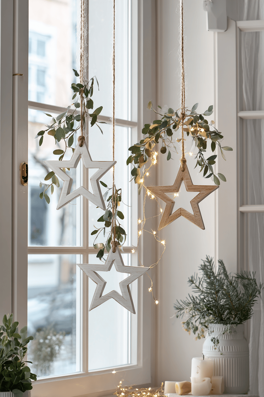 Holzsterne hängen vor einem Fenster und sind festlich mit Lichterketten und Grün verziert.