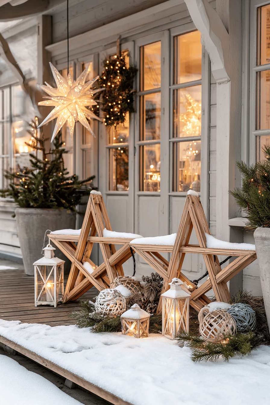 Weihnachtliche Holzsterne und Laternen im verschneiten Außenbereich eines Hauses.