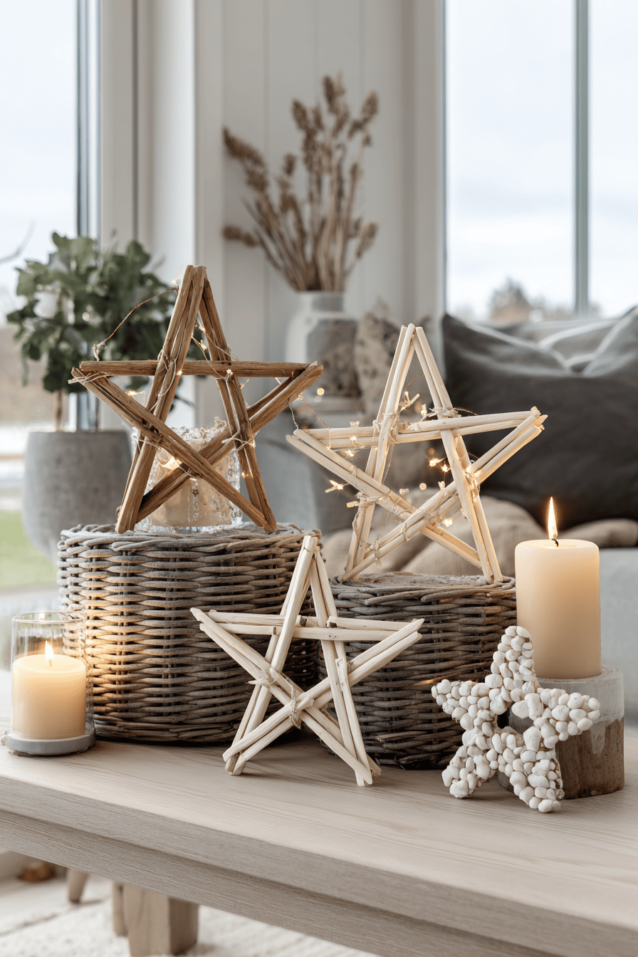 Deko-Holzsterne aus Eisstielen auf einem Tisch arrangiert, umgeben von Kerzen.