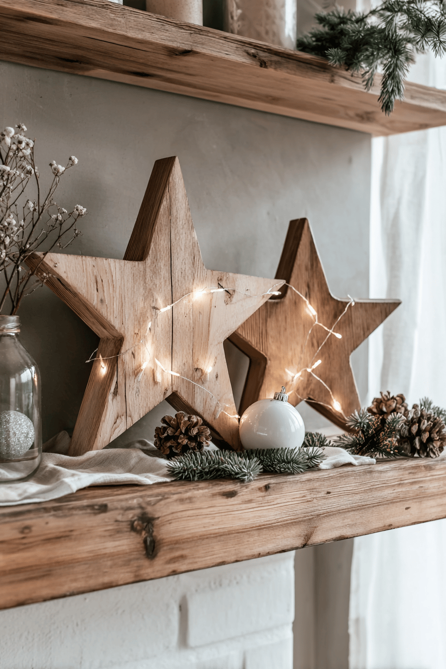 Zwei große Holzsterne mit Lichterketten dekoriert auf einem Regal.