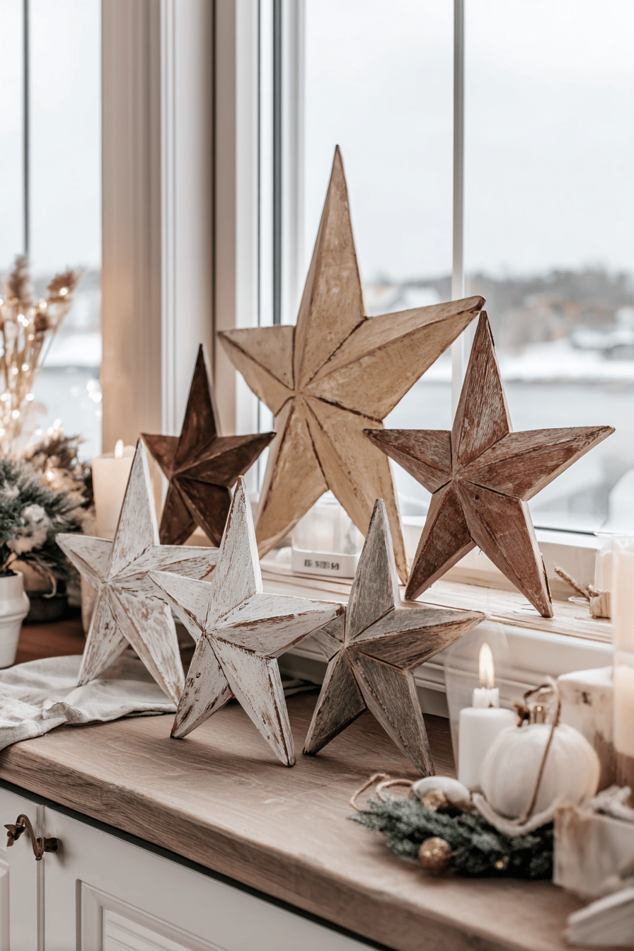 Verschiedene farbige Holzsterne in unterschiedlichen Größen auf einer Fensterbank, umgeben von Kerzendekoration.