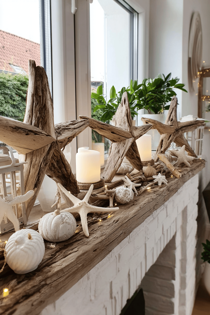 Holzsterne aus Treibholz mit Kerzen und Dekorationen auf einem Kaminsims.
