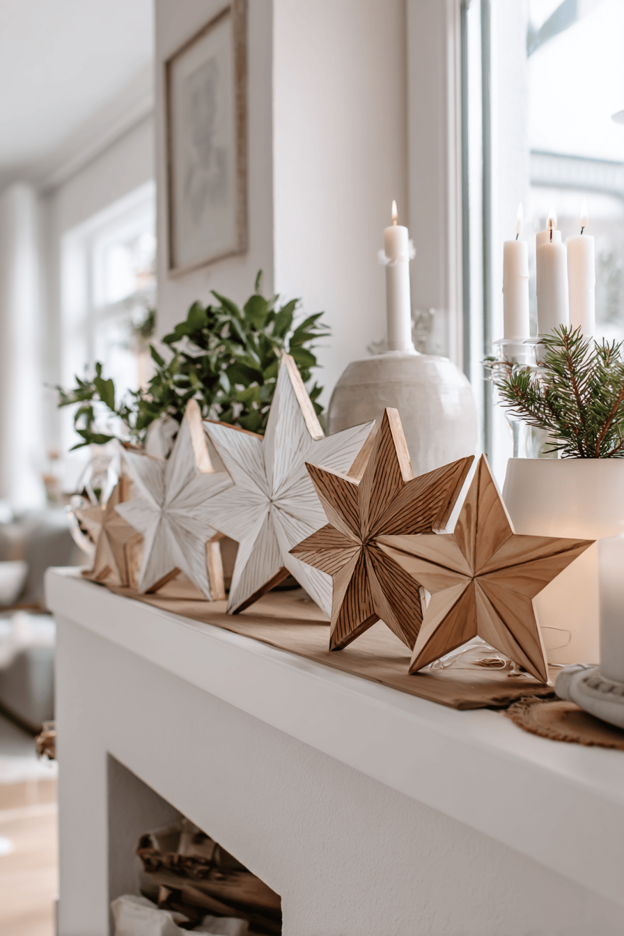 Skandinavische Holzsterne in Weiß und Natur auf einem Kaminsims dekoriert.