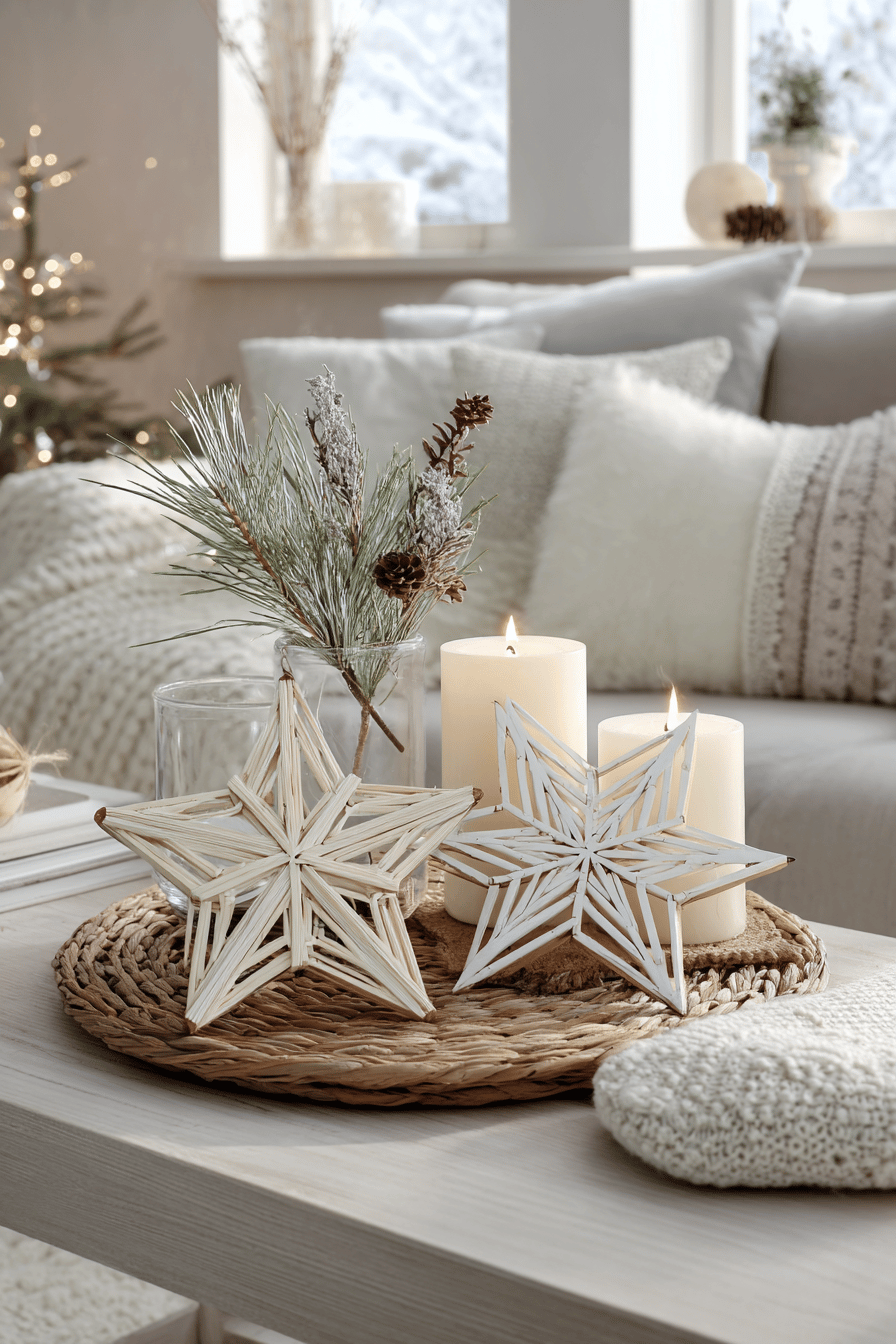 Minimalistische Holzsterne neben Kerzen auf einem Tisch in einem gemütlichen Raum.
