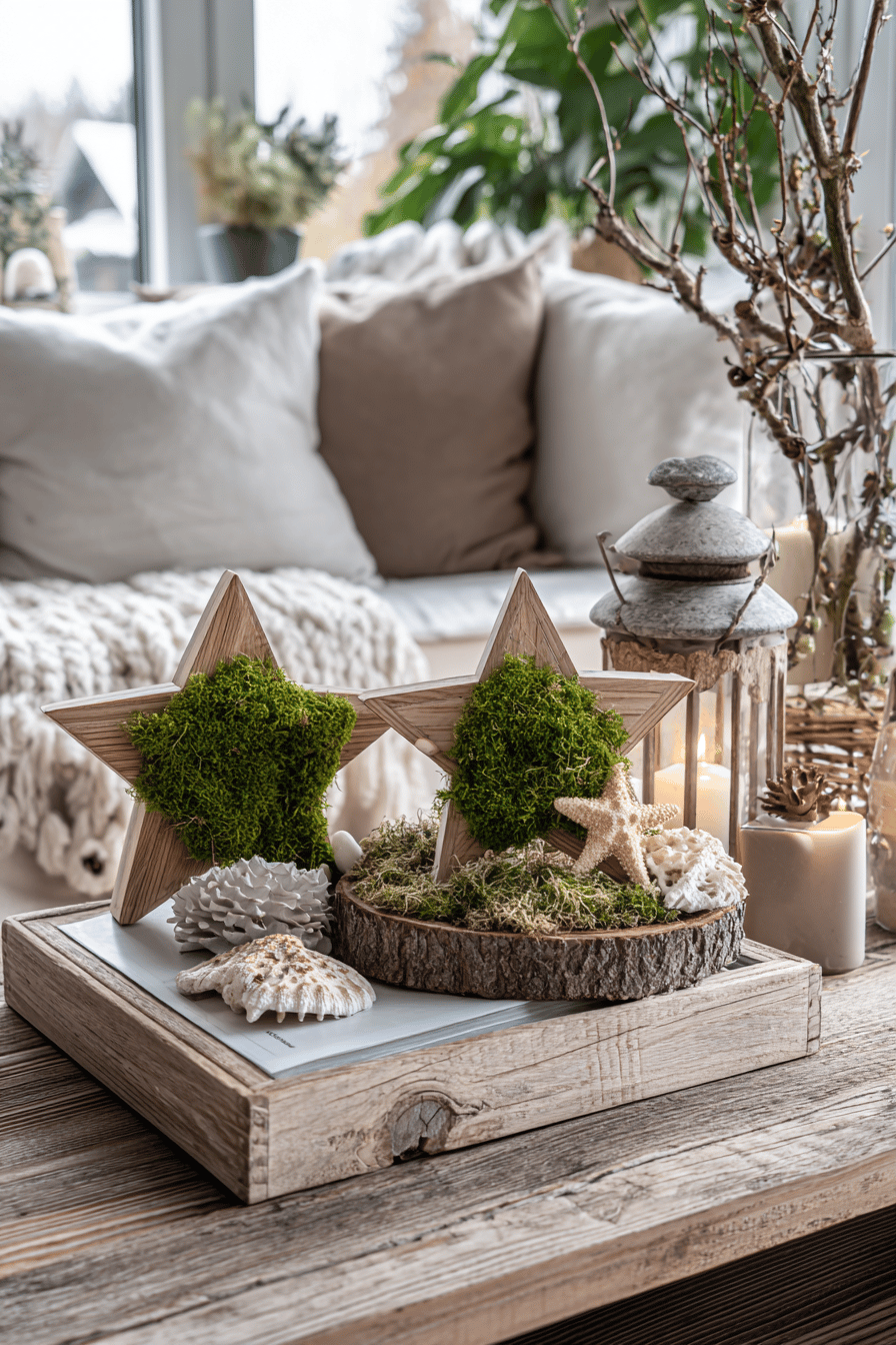 Holzsterne dekoriert mit Moos und Naturmaterialien auf einem Tisch.