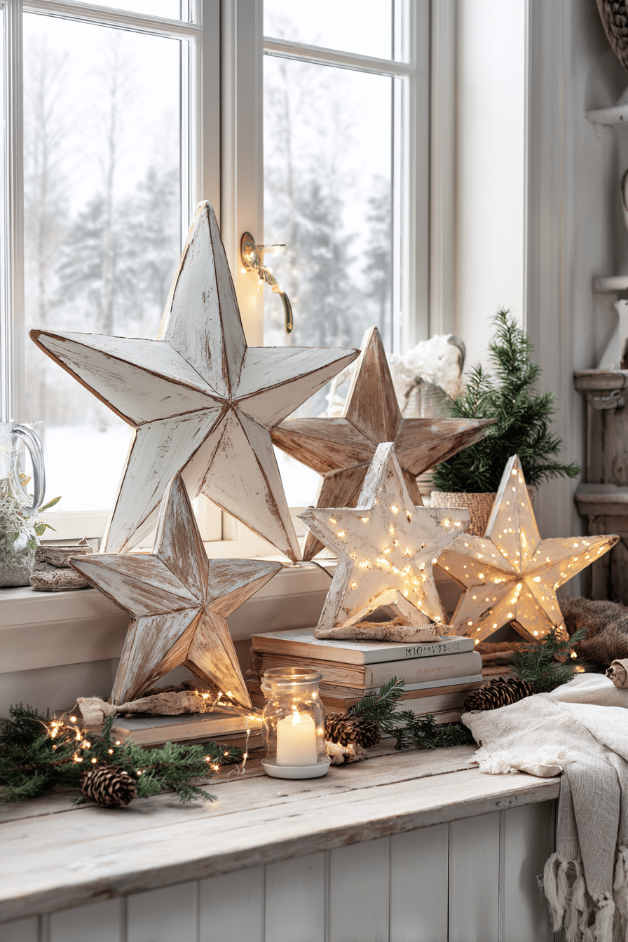 Shabby Chic Holzsterne mit Lichterketten auf einer Fensterbank dekoriert.