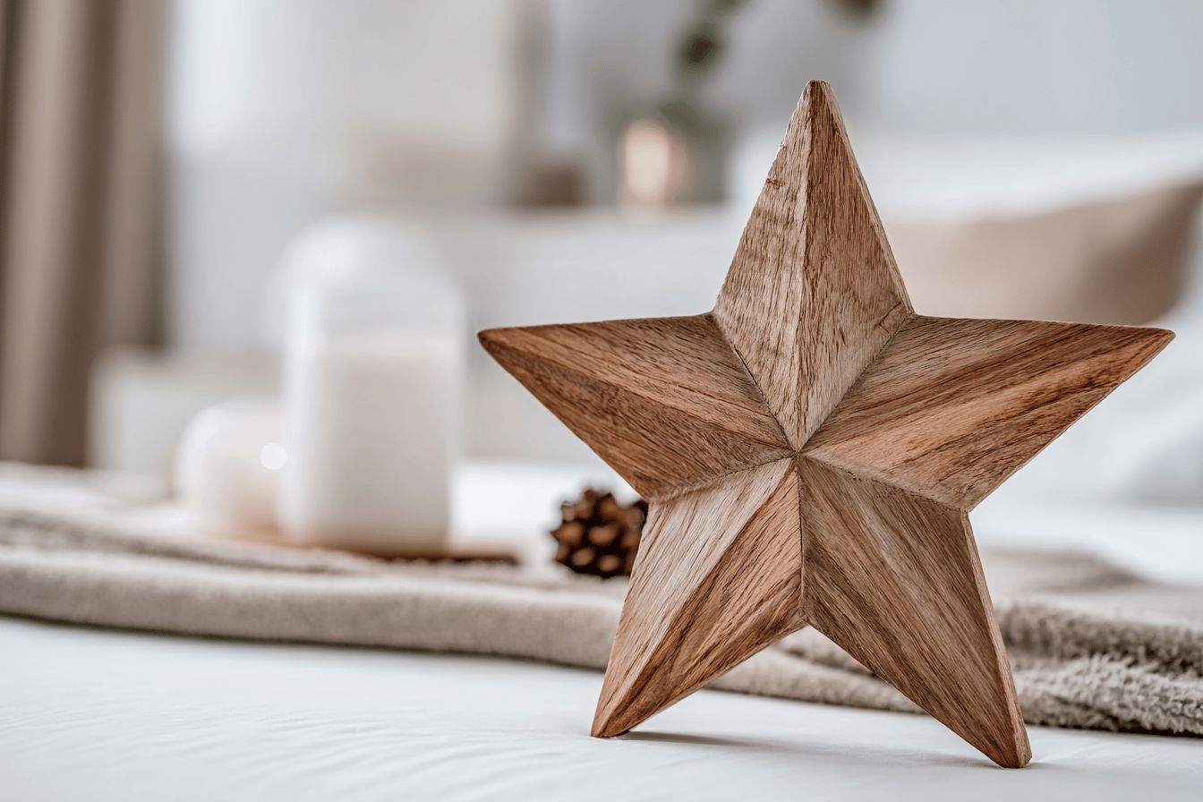 Holzstern auf Handtuch im Hintergrund