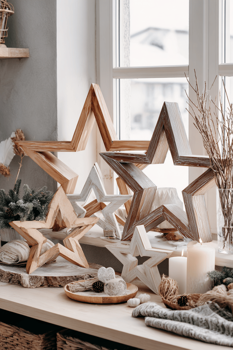 Verschiedene dekorative Holzsterne auf einem Tisch, umgeben von Kerzen und Zweigen, mit einem Fenster im Hintergrund.