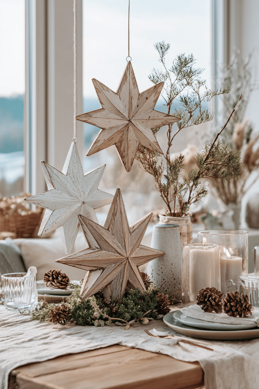 Handgeschnitzte Holzsterne hängen als Weihnachtsdeko über einem festlich gedeckten Tisch.