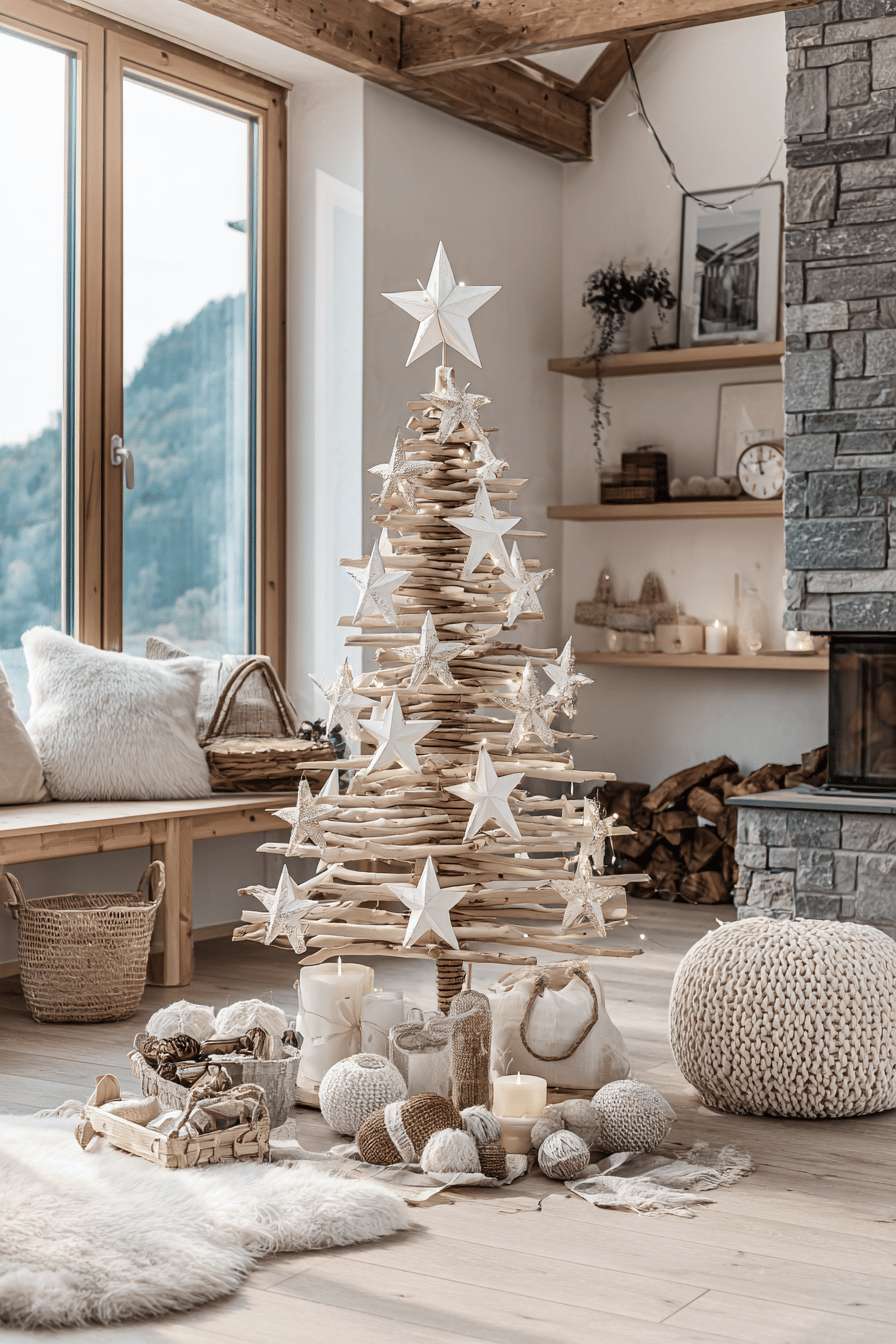 Ein festlicher Weihnachtsbaum aus gestapelten Holzsternen, umgeben von Kerzen und Dekorationen.