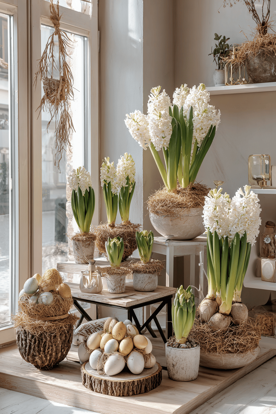 Mehrstöckige Etageren mit Hyazinthen und Heu dekoriert in einem hellen Raum.
