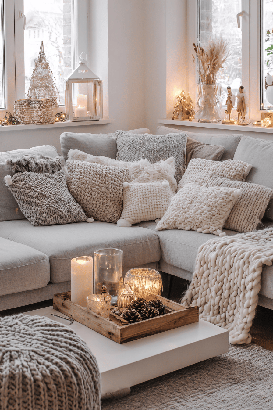 Gemütliches Wohnzimmer mit dicken, gestrickten Kissen und Decken, dekoriert mit Kerzen und Lichtern.