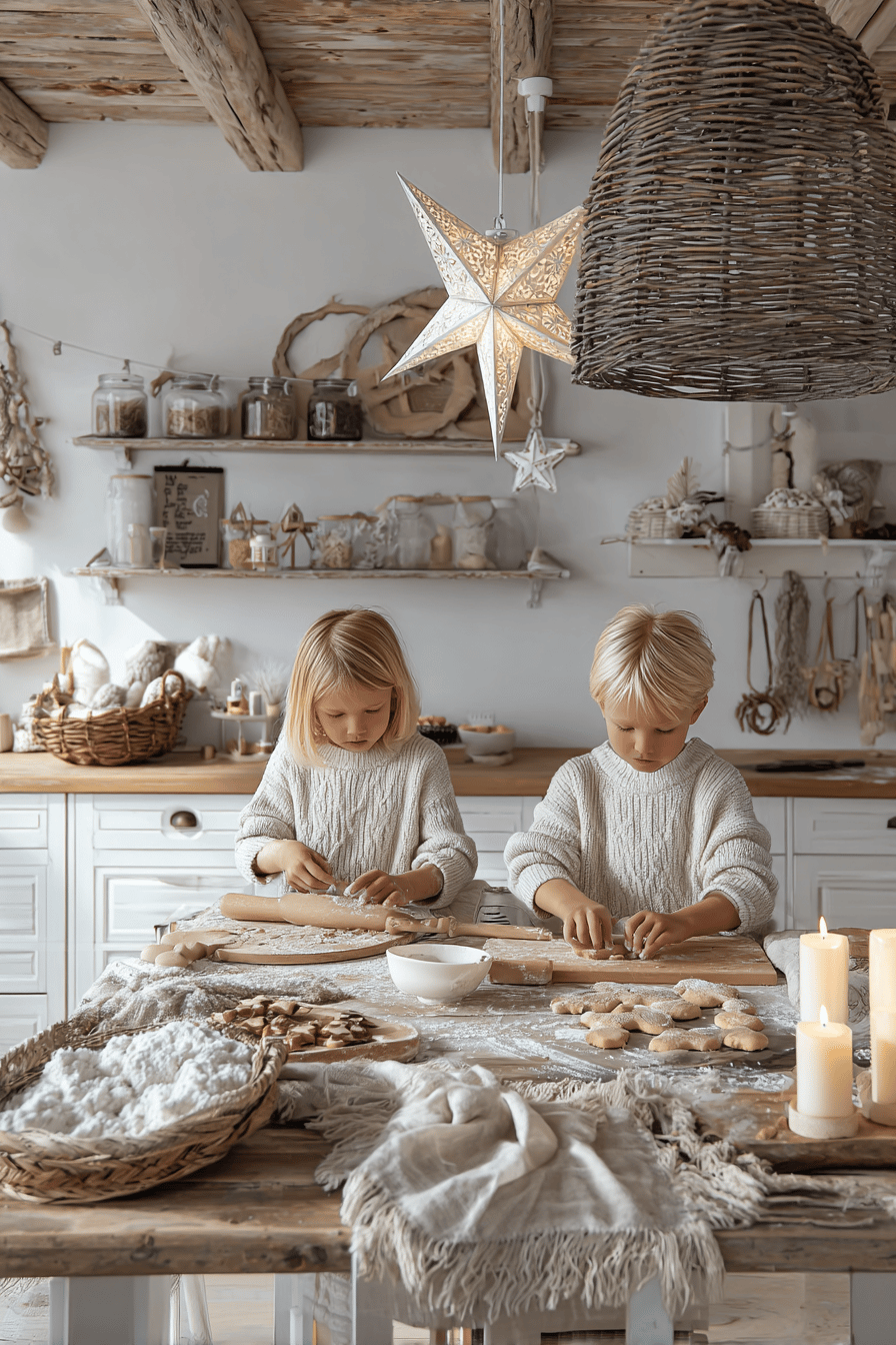 Zwei Kinder backen Plätzchen in einer gemütlichen Küche mit Weihnachtsdekorationen.