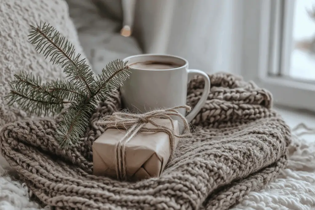Weiße Tasse Kakao, Geschenk und Tannenzweig auf Wolldecke