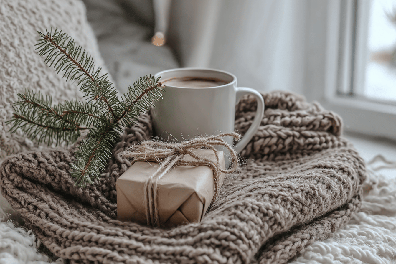 Weiße Tasse Kakao, Geschenk und Tannenzweig auf Wolldecke