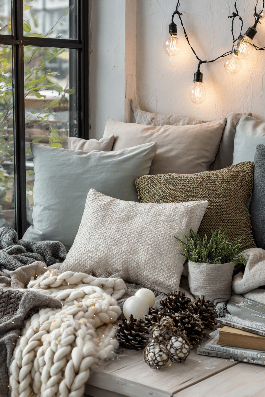 Gemütliche Ecke mit Kissen, Decken und Lichterkette im Hygge-Stil.