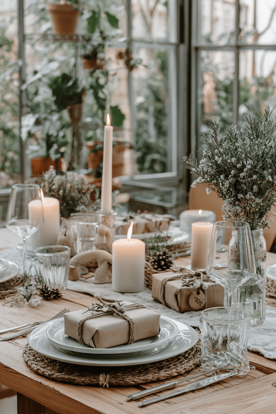 Festlich gedeckter Tisch mit Kerzenlicht und natürlichen Dekorationselementen