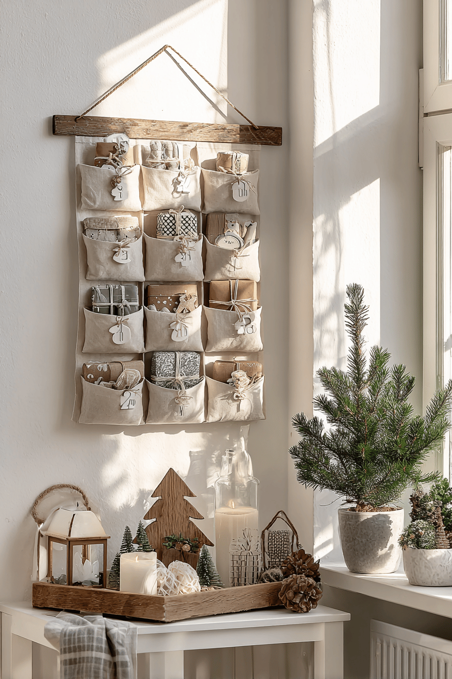 Ein Hygge-Adventskalender mit 24 kleinen Päckchen in natürlichen Tönen und weihnachtlicher Dekoration.
