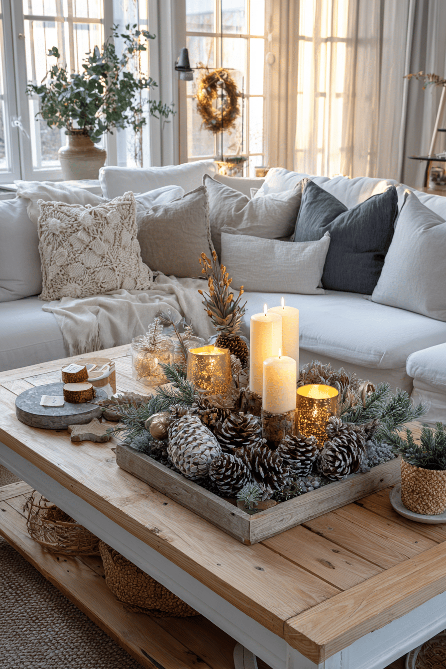 Ein gemütlich dekorierter Wohnzimmertisch mit Kerzen, Tannenzapfen und natürlichen Elementen.