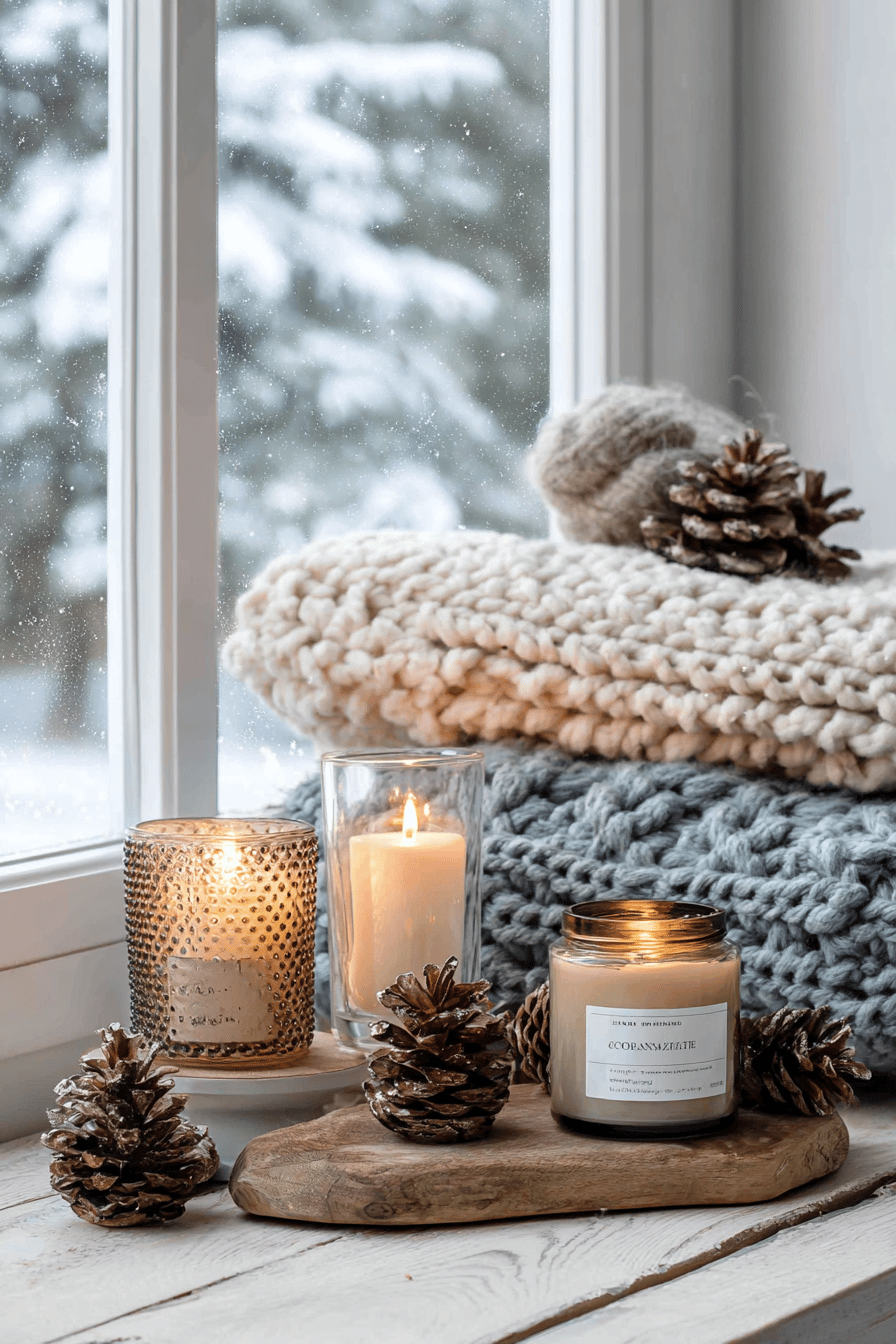 Kerzen mit weihnachtlichen Aromen stehen auf einem Holzbrett neben Tannenzapfen und gestrickten Decken.