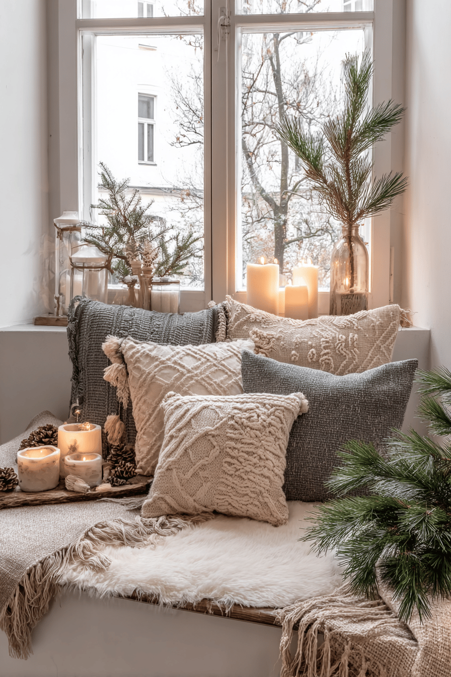 Gemütliche Fensterbank mit Kerzen, Kissen und Tannenzweigen im skandinavischen Stil dekoriert.