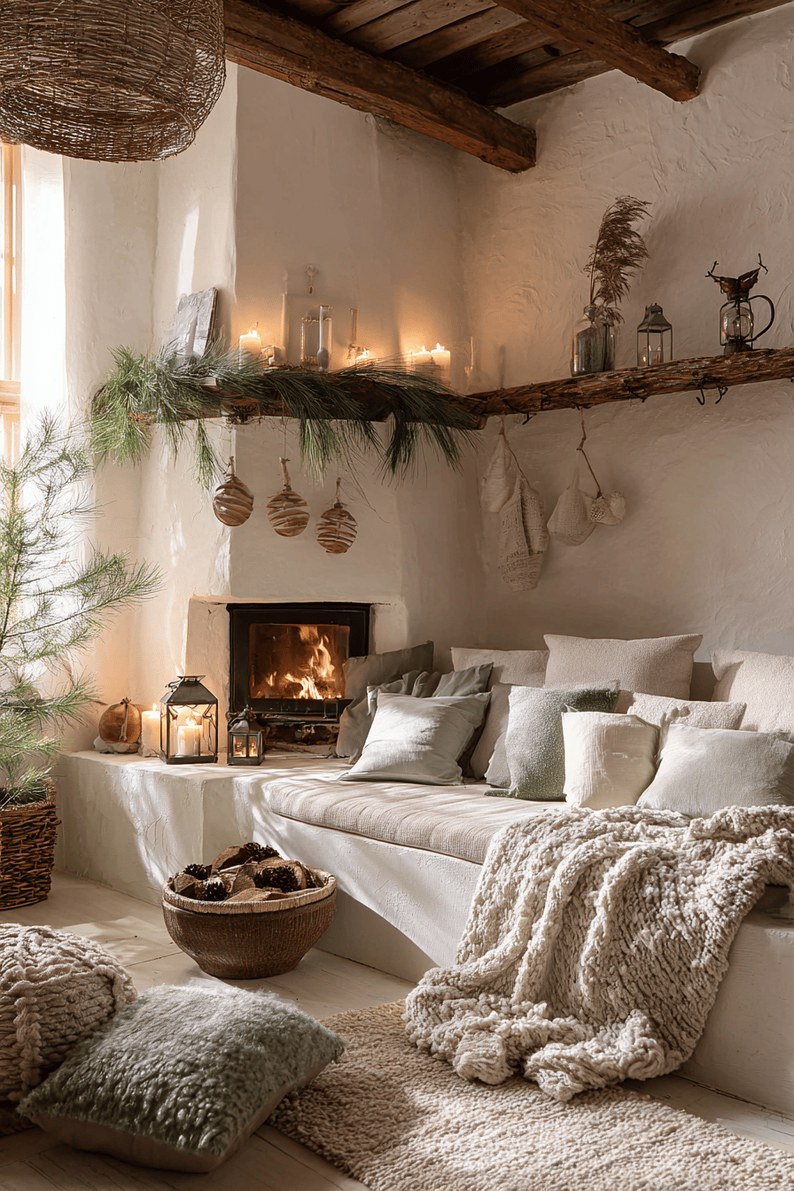 Gemütliches Wohnzimmer im Hygge-Stil mit Kamin, Kerzen und Kissen.