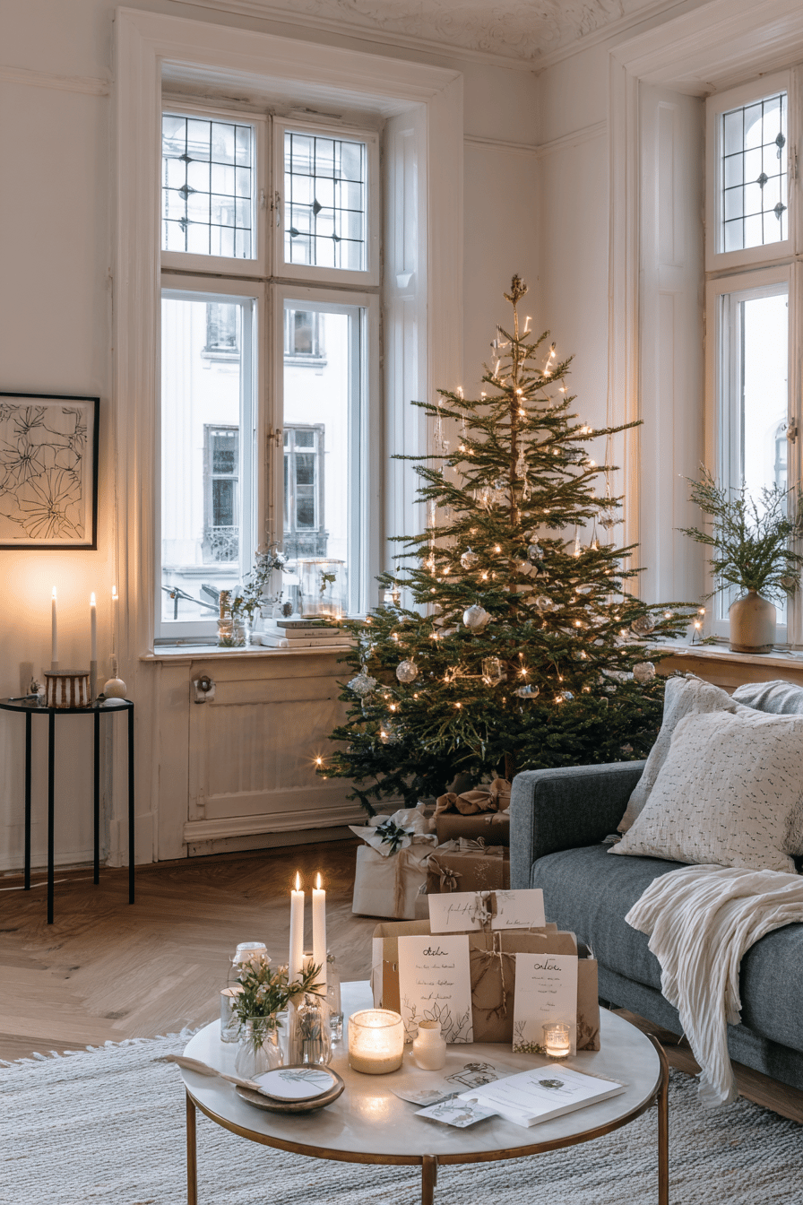 Gemütliche Weihnachtsszene mit Weihnachtsbaum, Kerzen und Geschenken in einem Wohnzimmer.