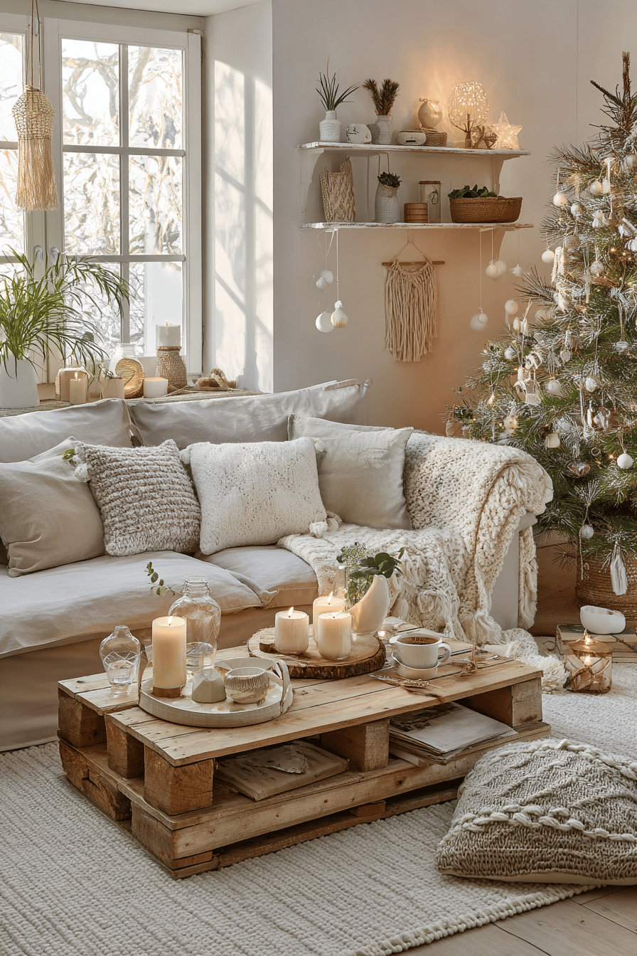 Gemütliches Wohnzimmer mit Kerzen, Kissen und einem weihnachtlich dekorierten Baum.