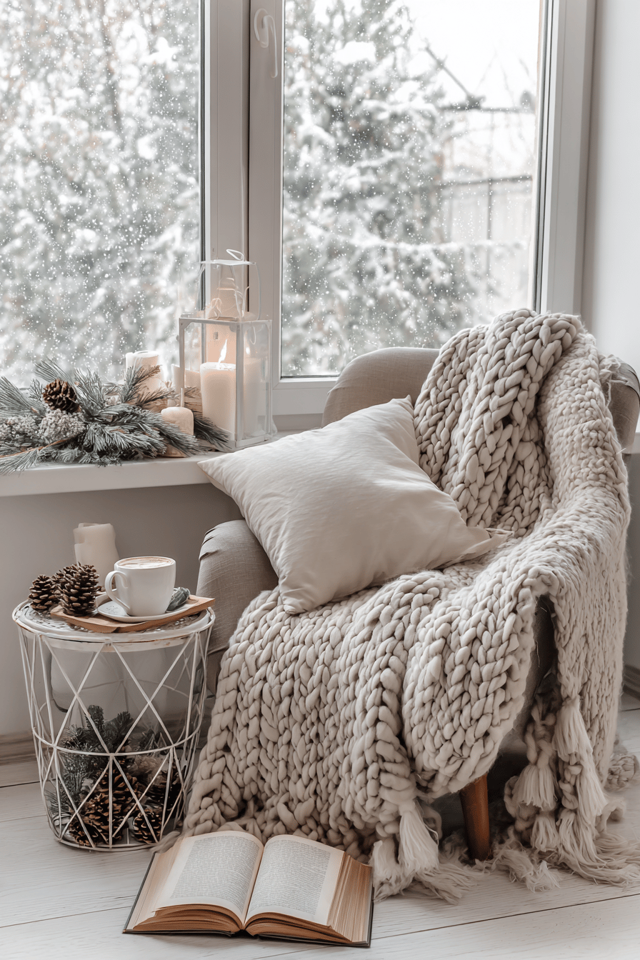 Gemütliche Leseecke mit Stuhl, Decke, Kissen und winterlicher Dekoration am Fenster.