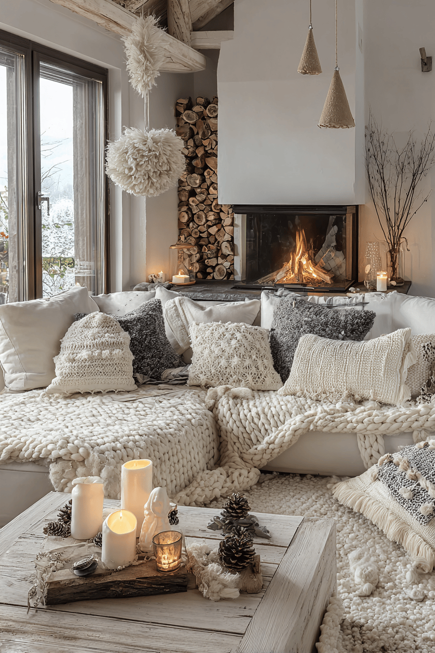 Ein gemütlicher Raum mit weißen Kissen, Decken und einem Kaminfeuer.